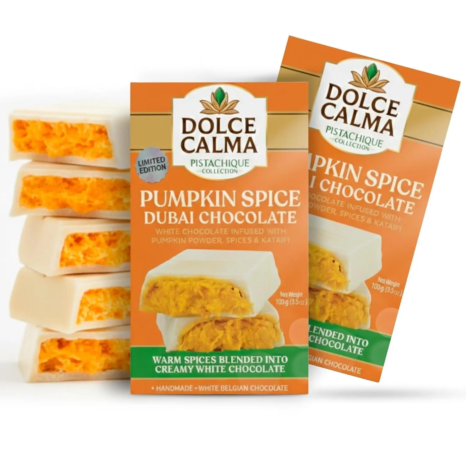 Dolce Calma Pumpkin Dubai Chocolate Bar Pack of 2 (100g/3.5oz Each, 200g/7oz Total) - Authentic Handmade Belgian Chocolate with Turkish Pistachio, Crispy Kataifi Kunafa Filling, No Palm Oil, Ships with 2 Ice Gel Packs