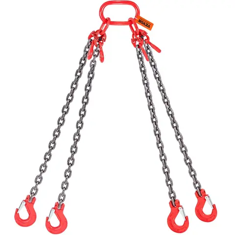VEVOR Heavy Duty Grade 80 Alloy Steel 4-Leg Chain Sling, 3/8 in x 10 ft with Grab Hooks, 22900 lbs Capacity, 5/16 in Thick Chain, Adjustable Length, 5/16'' x 5' 4-Leg 11000 lbs/5.5t, for Cargo Lifting, Car Engines, Dock Sections (Spring Tongue Compatible)