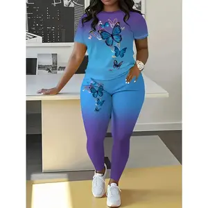 Butterfly Print Gradient Color Women's Spring & Fall Casual Round Neck Short Sleeve Long Pants Two-Piece Set, Fitted Regular Length, Matching Clothing Set, Lady