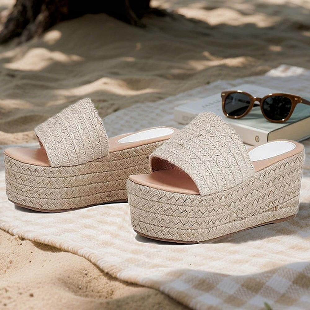 CYNLLIO Womens Espadrille Slide Sandals Platform Wedge Heels Rounded Toe Easy Slip On Comfy Raffia Mule Casual Beach Straw Daily Outing Shoes