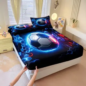 Neon Cyber Soccer Ball Fitted Sheet Set Includes 1 Fitted Sheet & 2 Pillowcases without Filler, Super soft & high-energy, explodes with futuristic glowing football, blue-red hex grid & electric vibes. Score epic dreams every night!