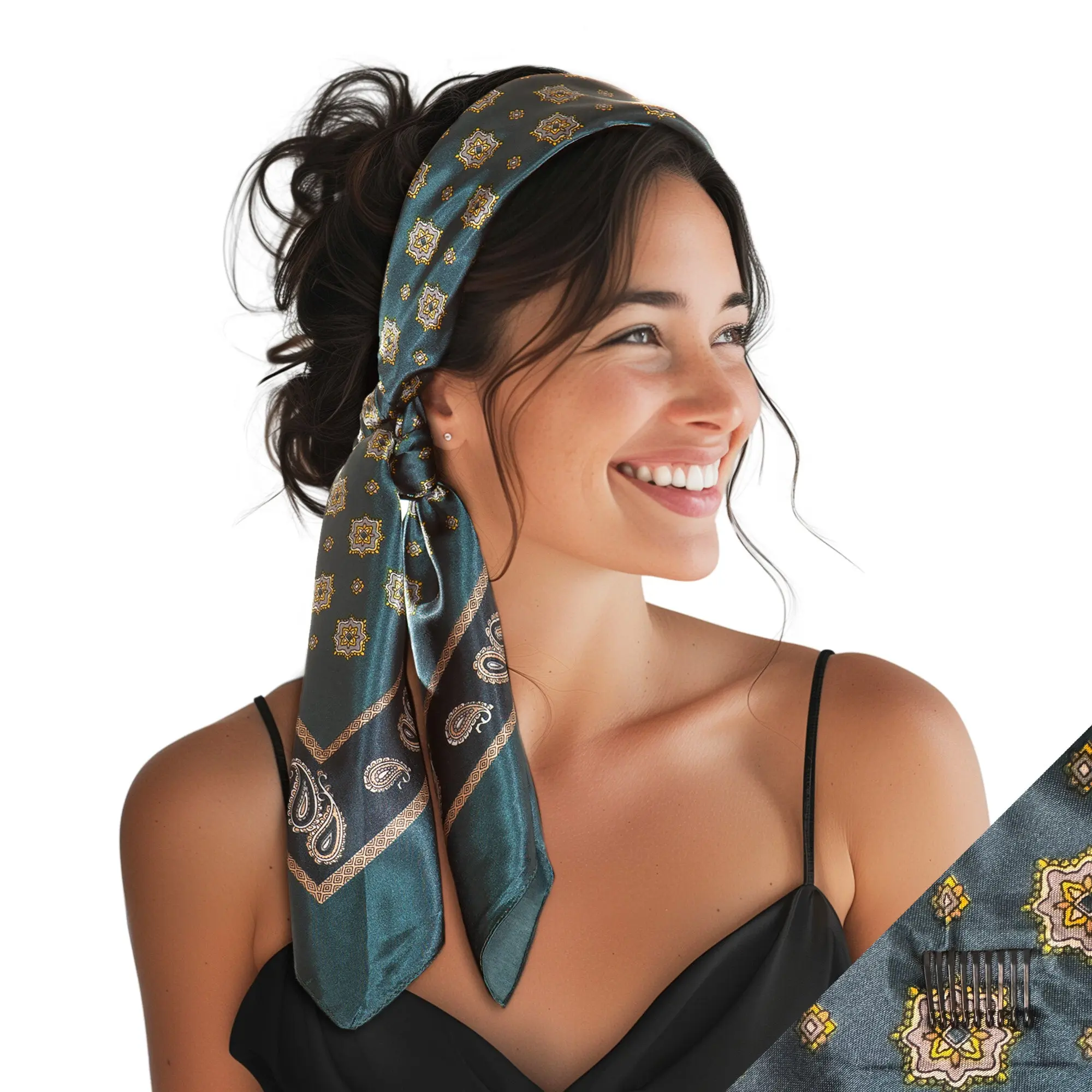 Large Satin Scarf Headband - Green Square Non-Slip