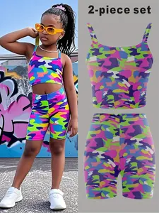Girls' Trendy Camo Print 2-Piece Set, Casual Tank Top and Shorts, Comfortable Summer Fashion for Kids, Multicolor Sports Wear
