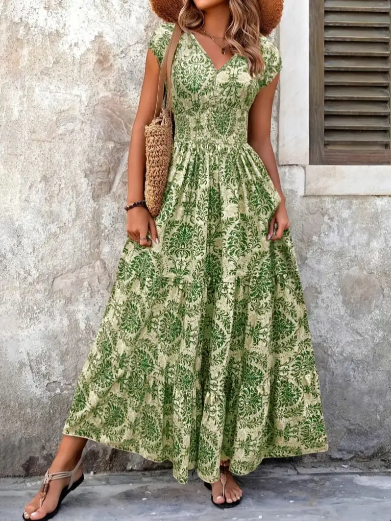 Women's Boho Floral Maxi Dress Short Sleeve V Neck Smocked Waist Tiered Long Dresses Cottagecore Vacation Beach Outfit Plus Size - TikTok Shop Women's Boho Floral Maxi Dress Short Sleeve V Neck Smocked Waist Tiered Long Dresses Cottagecore Vacation Beach Outfit Plus Size - TikTok Shop