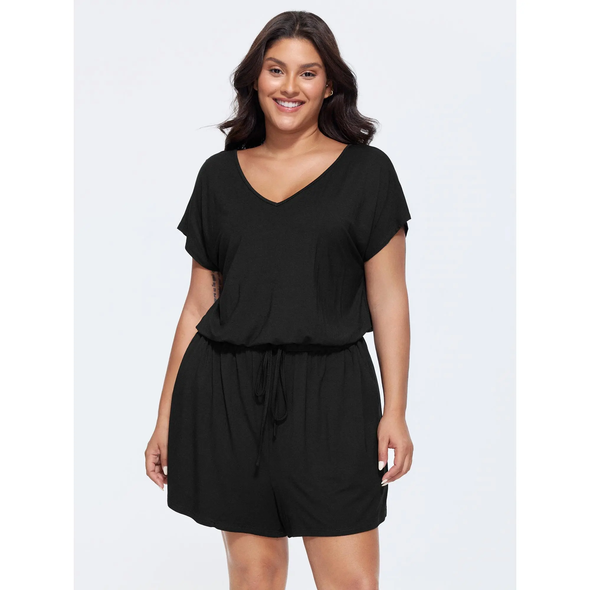 BloomChic Women's Plus Size Comfy Short-Sleeve V-Neck Spandex Overalls - Solid Basic Fabric, Drawstring Waist, Minimalist Fit, Breathable Everyday Casual Summer Romper