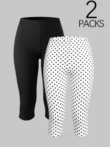2pcs Women's High-Waisted Polka Dot Capri Pants, Slim-Fitting Knee-Length, Ideal for Parties, Nightclubs, and Streetwear