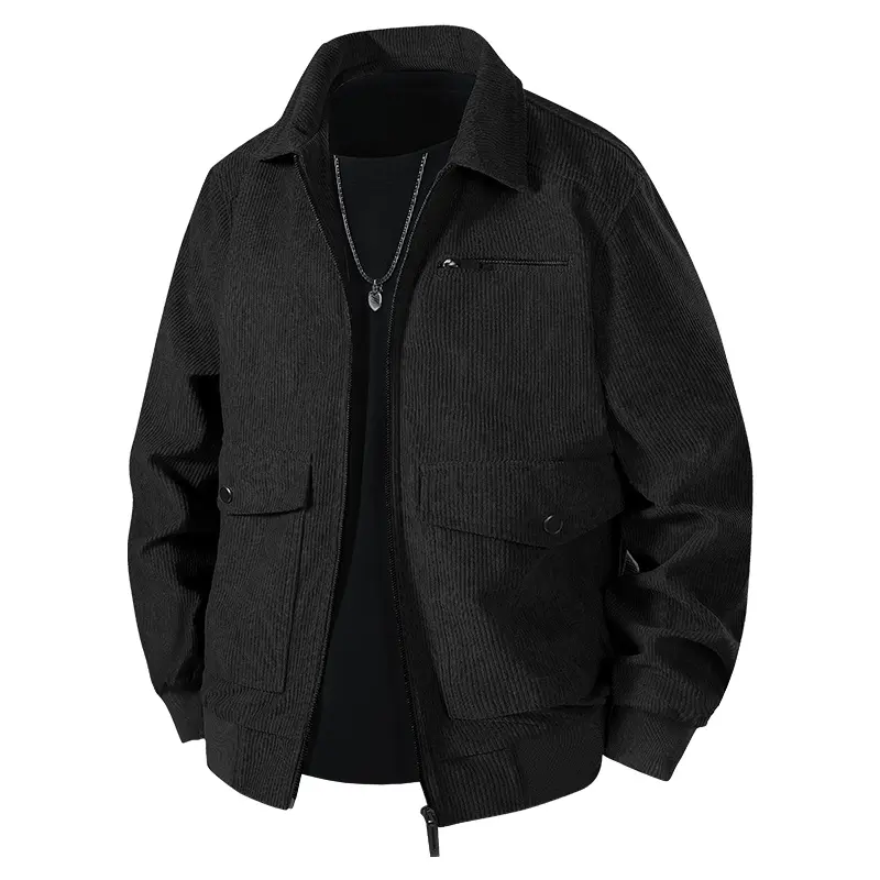 Men's Long-Sleeve Stylish Warm Jacket - Menswear Turn-Down Collar Outerwear, Black/Beige Plain Design for Autumn-Spring Outdoor Activities & Daily Wear