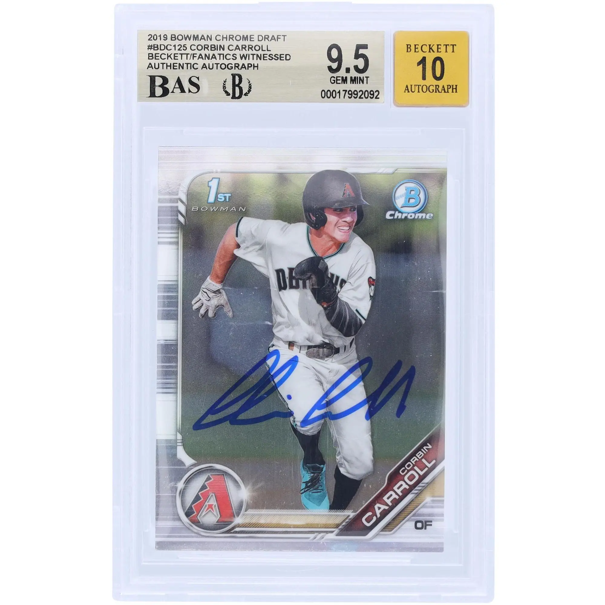 Corbin Carroll Arizona Diamondbacks Autographed 2019 Bowman Chrome Draft 1st Bowman #BDC-125 Beckett Fanatics Witnessed Authenticated 9.5/10 Card - Fanatics Authentic Certified