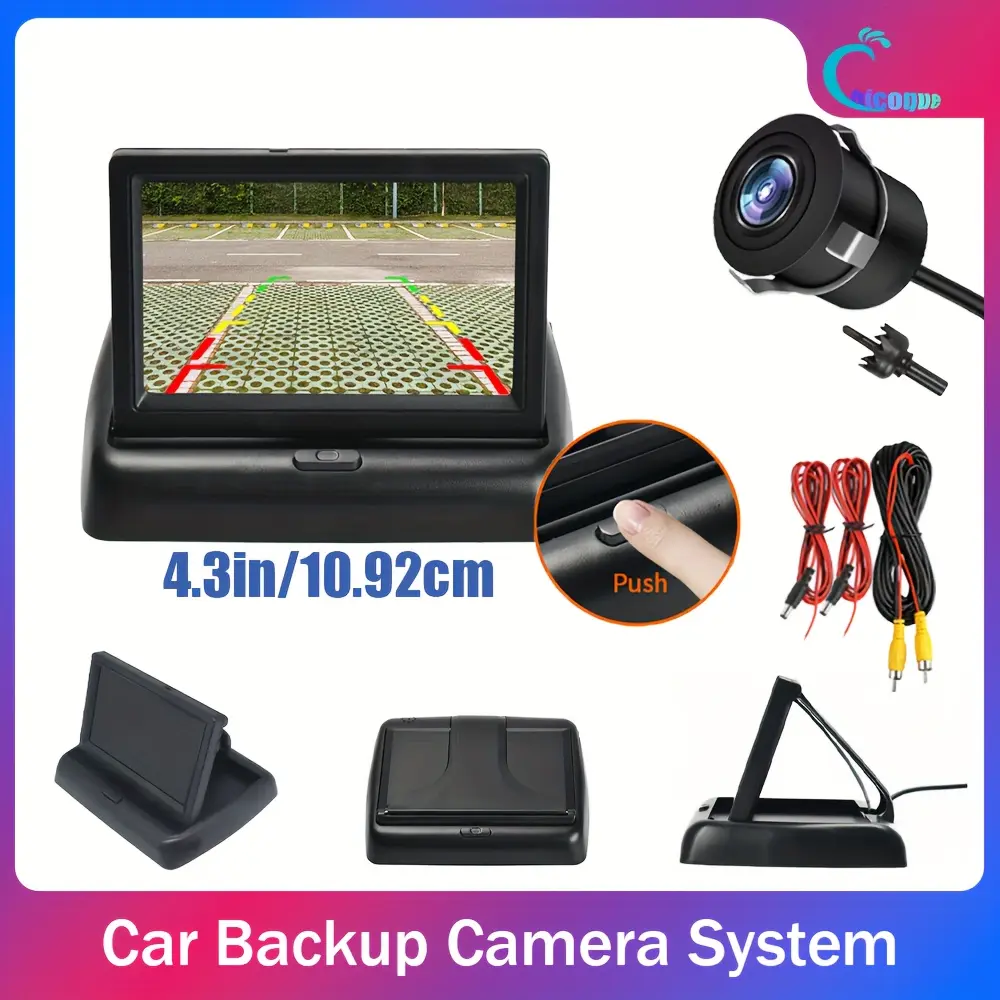 Foldable Display with 4.3-inch Monitor Wired Backup Camera System with Perforated Car Rearview Camera - Easy installation for sedans, SUVs, and pickup trucks - HD display with wide-angle lens prevents scrapes and enhances reversing safety