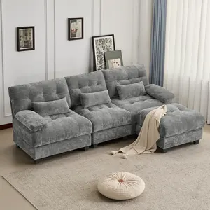 93" 3+1 Seater Modular Sectional Sofa with Ottoman, 4-Position Adjustable Backrest, Soft Chenille Fabric Couch with 3 Throw Pillows, Heavy Duty 350lb Per Seat Capacity, Easy Assembly Living Room Furniture