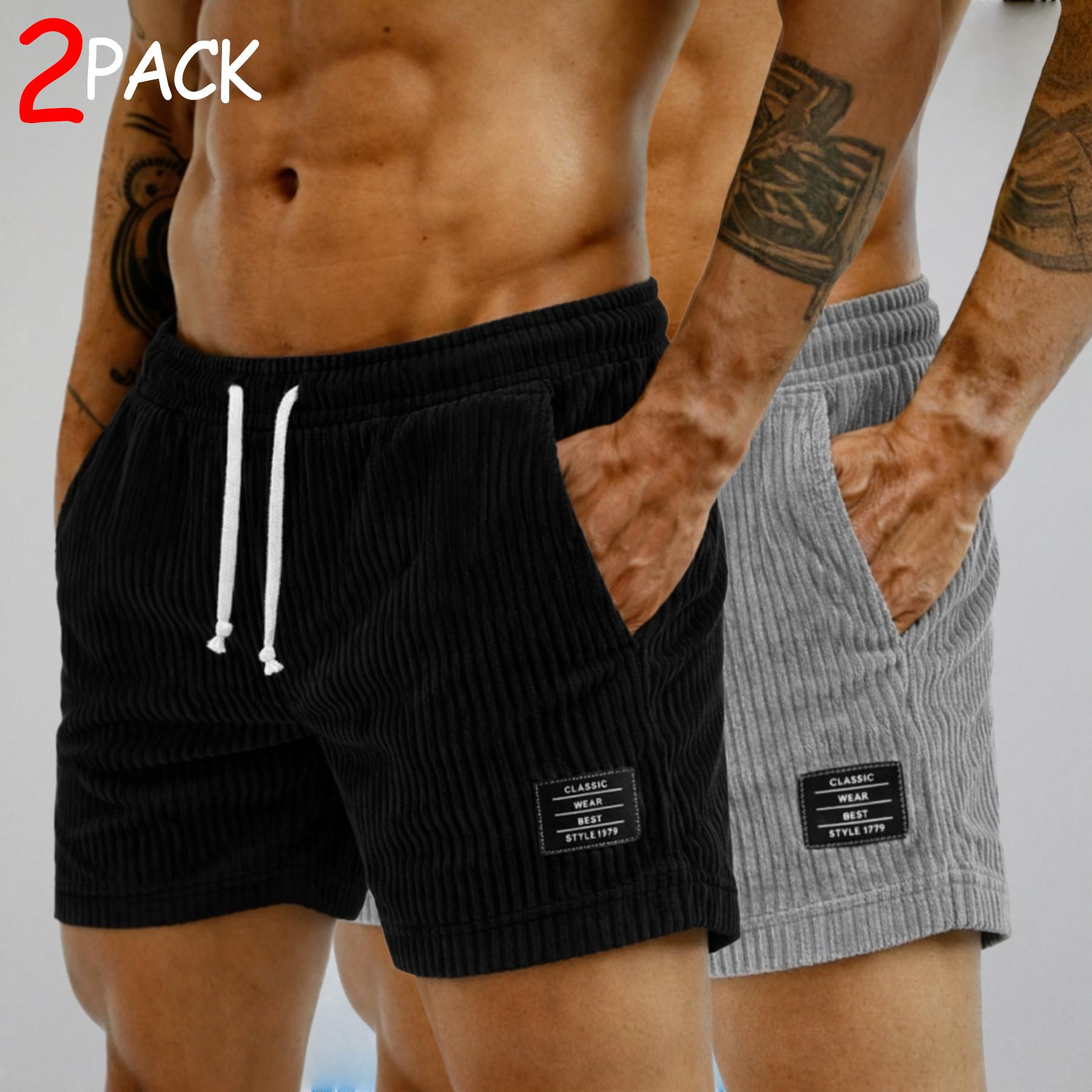 2-Pack Men's Corduroy Drawstring Shorts: Above-Knee Lounge Shorts with a Comfortable Elastic Waistband and Side Pockets—A Casual Multipack for Everyday Wear, Home, Travel, and Weekend Outfits. Easy to Mix and Match for Everyday Style.