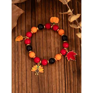 Thanksgiving Creative Maple Leaf Pendant Alloy Bracelet Unique Letter Pumpkin Beaded Chain Elastic Party Jewelry Gift Accessory