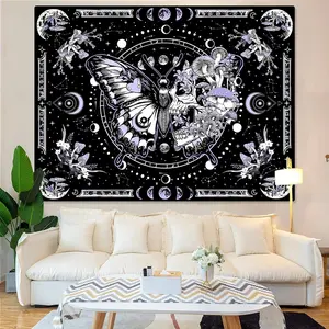 Tapestry featuring a skeleton, butterfly, purple skull, hippie mushroom plants, moon phases—wall hanging aesthetic for bedroom, living room, and dorm