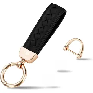 Genuine Leather Car Keychain, Handmade Knit Sheepskin Key chains for Women, Universal Key Fob Holder with 360 Degree Rotatable, Anti-Lost D-Ring, 2 Keyrings and 1 Screwdriver – Black