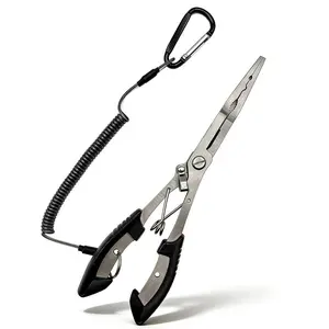 8.4-Inch multifunctional fishing pliers, with long nose pliers, hook remover, corrosion-resistant stainless steel material, safety lanyard, universal for fresh and sea water, no battery required