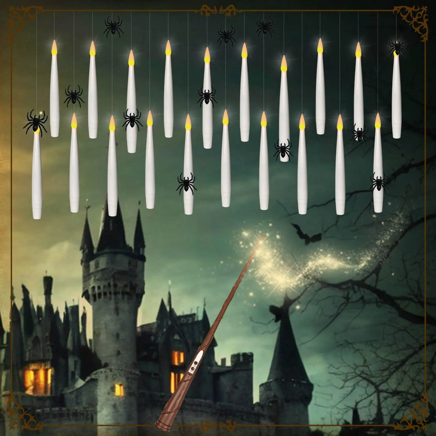 Floating Candles With Magic Wand Remote & Realistic Plastic Spiders  20pcs Operated Hanging Taper Flickering Warm Light Party Decor Birthday Gift