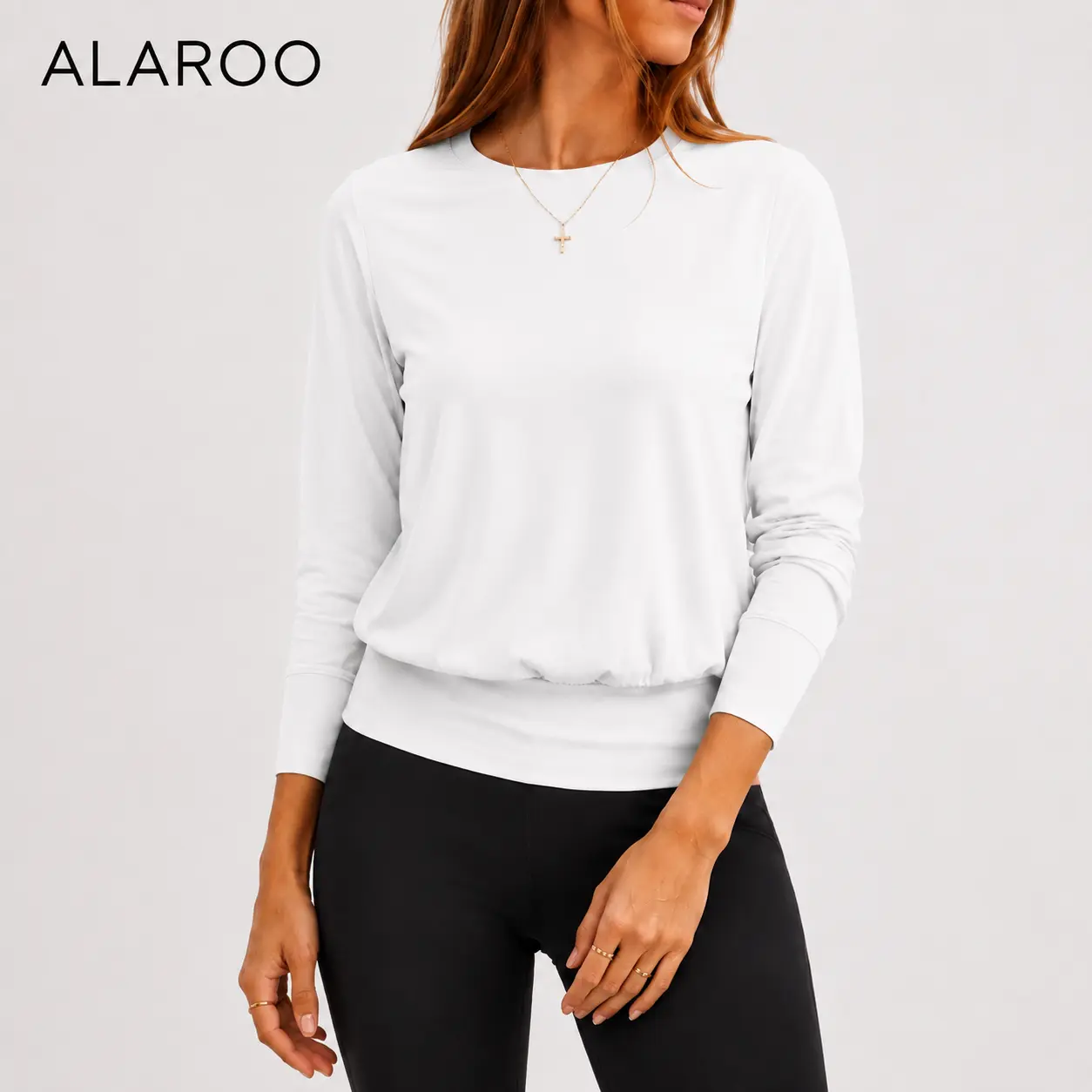 Alaroo Womens No-tuck Tops Wide Banded Bottom Tops For Fall Winter clothes Relaxed Blouson Shap Casual Basic Fashion Crewneck Design Tees Crewneck Tee Shirts Womenswear