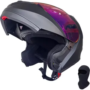 Adult Motorcycle Modular Flip-up Helmet - DOT Approved Street Racing Crash Helmet with Color Visor & Balaclava - Matt Black