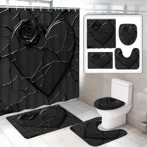 1/4pcs Marble Texture Heart Pattern Shower Curtain Set, Includes Toilet Seat Cover, Rectangular Mat, U-Shaped Pad, Perfect Bathroom Decor, Bathroom Decoration Accessories