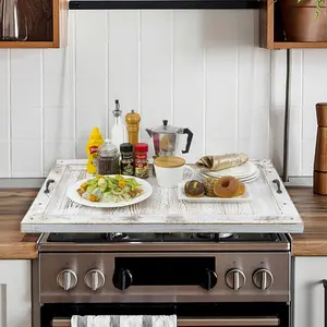 30 Inch White Washed Solid Wood Noodle Board Stovetop Cover, Decorative Oversized Kitchen Serving Tray