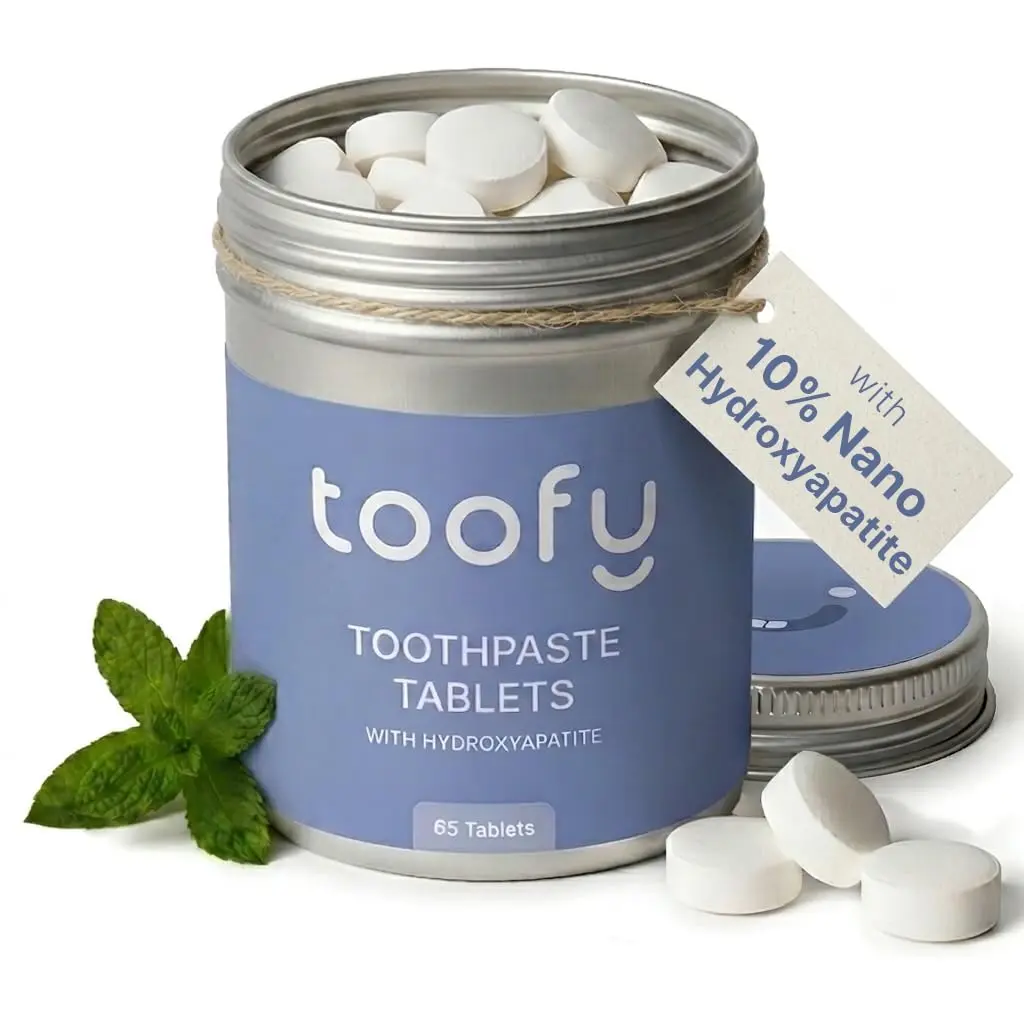 Toofy Toothpaste Tablets, 65 Count (65-Day Supply) | 10% Nano Hydroxyapatite, Remineralizing | Fluoride-Free Natural Whitening | Plastic-Free, Travel-Friendly Oral Care for Adults | Fresh Mint