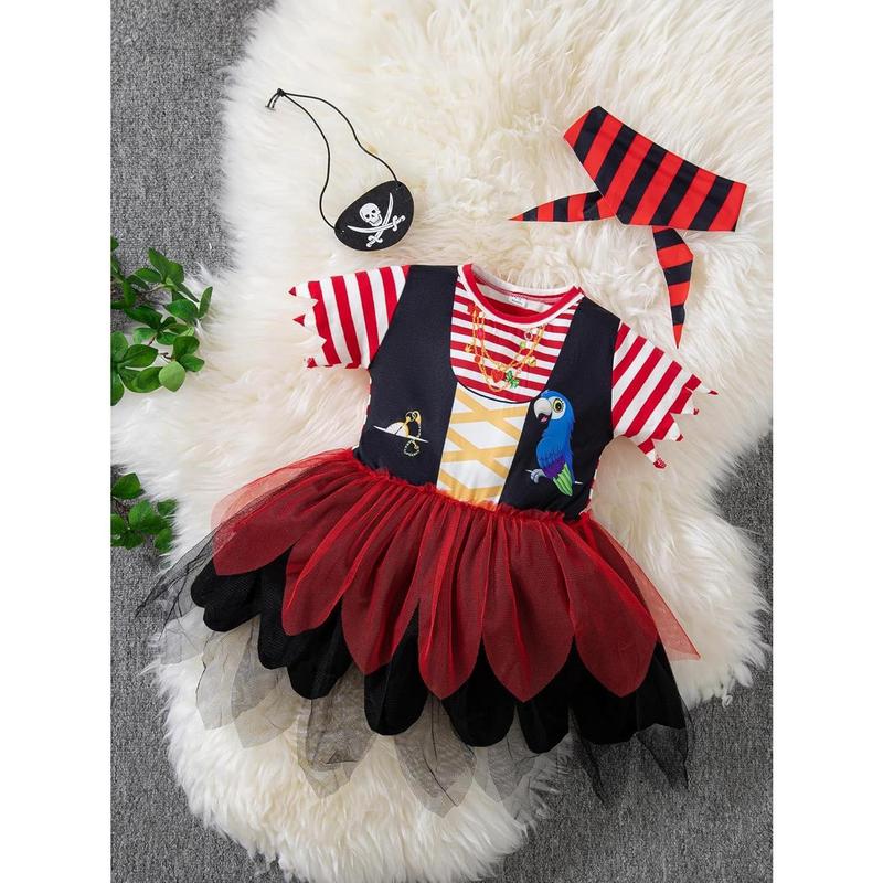 KF5-GCS035   Toddler Baby Girl Pirate Costume Halloween Sea Buccaneer Tutu Dress And Head Scarf With Pirate eye mask