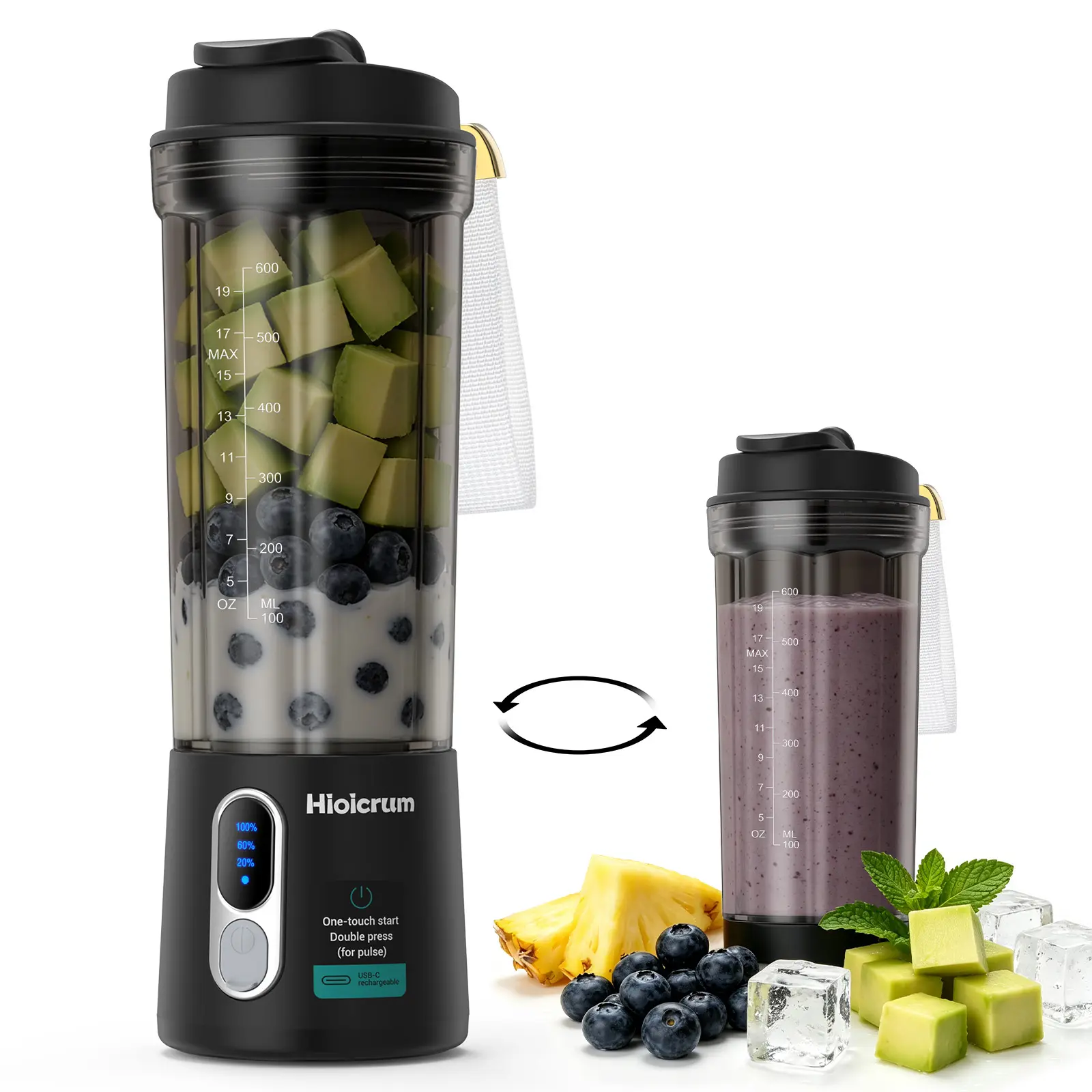Portable Blender Cordless Personal Blender with 20 oz Vessel, 300W Powerful Smoothie Maker for Protein Shakes, Fruit & Vegetable Juices and Milkshakes, 4-Blade 304 Stainless Steel Blade System, Dual Blending Modes, 4000mAh Rechargeable Battery, BPA-Free