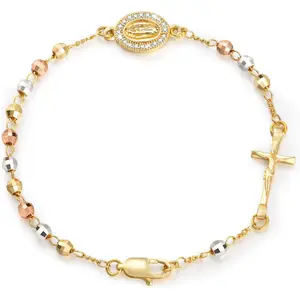 14K Gold Plated Catholic Crucifix Rosary Bracelet for Women Virgin Mary Jesus Cross Charm Link Chain Religious Gift for Confirmation Baptism, High Quality Bracelet, Gold Bracelets