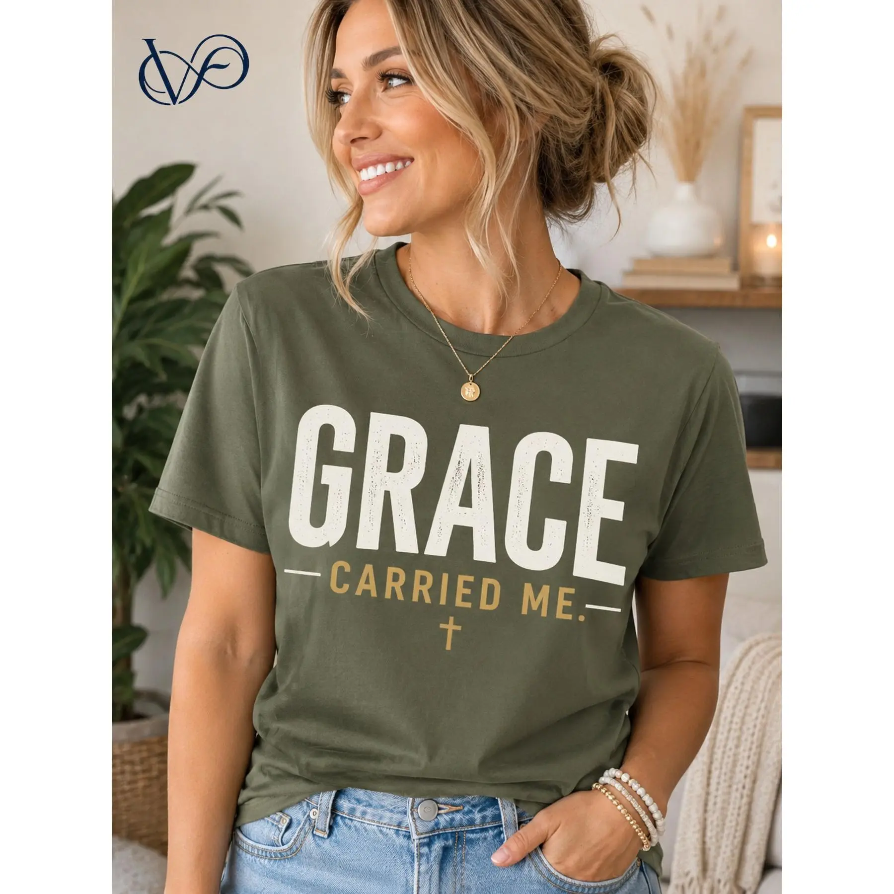 Women's Grace Graphic Tee, Soft Short-Sleeve Faith-Based T-shirt, Relaxed Fit Inspirational Top in Olive Green, Tshirt, Jeans, Crew Neck, Shortsleeve, Casual, Round Neck, Inspirational Quote, Soft Fabric, Cross, Lady, Loose-Fitting, Bold Letters