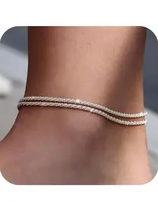 Women's Greenish Spring Dainty Layered Waterproof Anklet Necklace, Adjustable Figaro Beaded Cuban Link Design, Perfect for Beachwear & Everyday Wear