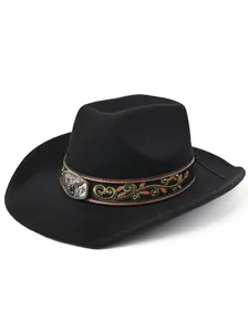 Unisex Western Cowboy Hat, Faux Suede Woolen Brim Sun Hat, Embroidered Design with Metal Buckle, Vintage Outdoor Party Hat