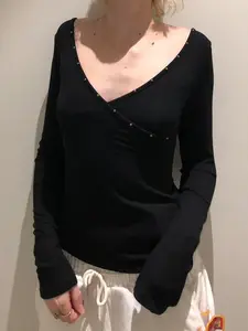 Punk Style V Neck Rivet Knit Slim Fit Solid Color Autumn T-Shirt, Street Casual Long Sleeve Pullover for Spring & Fall, Knitwear