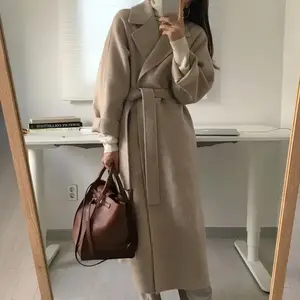 Autumn Winter Woollen Coat Women Fashion with Belt Turn Down Collar Warm Overcoat Vintage Brown Long Woolen Jacket Woman