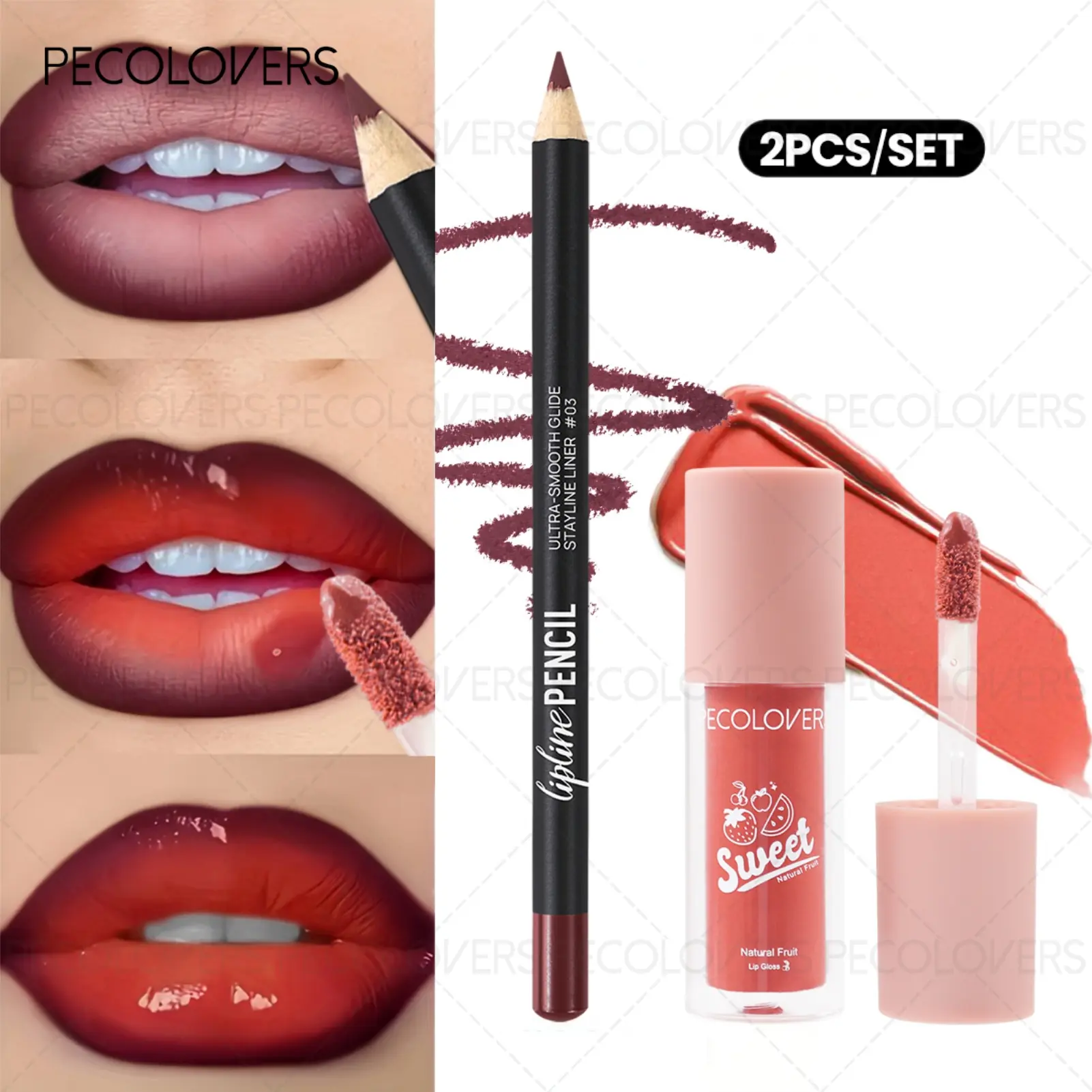 2pcs/Set Lip Makeup Set, Glossy Lip Duo, Lip Liner + Lip Glaze Lipgloss Matte Long-Lasting Waterproof Effect, Red and Brown Combination, Moisturizing, Hydrating and Natural Lip Makeup for All Skin Types