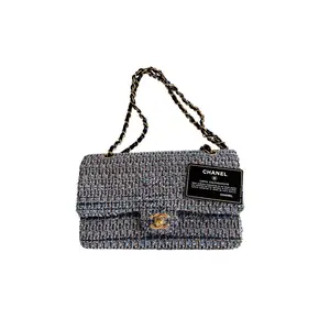 Pre-owned CHANEL leather Shoulder Bags medium size blue tweed double flap bag