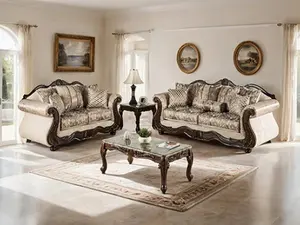 SM6450 Andalusia Light Brown Fabric Dark Cherry Wood Trim Traditional Sofa and Love Seat Set