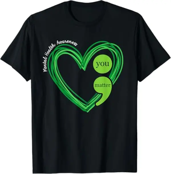 Men's Crew Neck Pure Cotton Plain Short-Sleeve Unisex Green Heart Motivational Mental Health Awareness Basic Casual Streetwear T-Shirt, Machine Washable