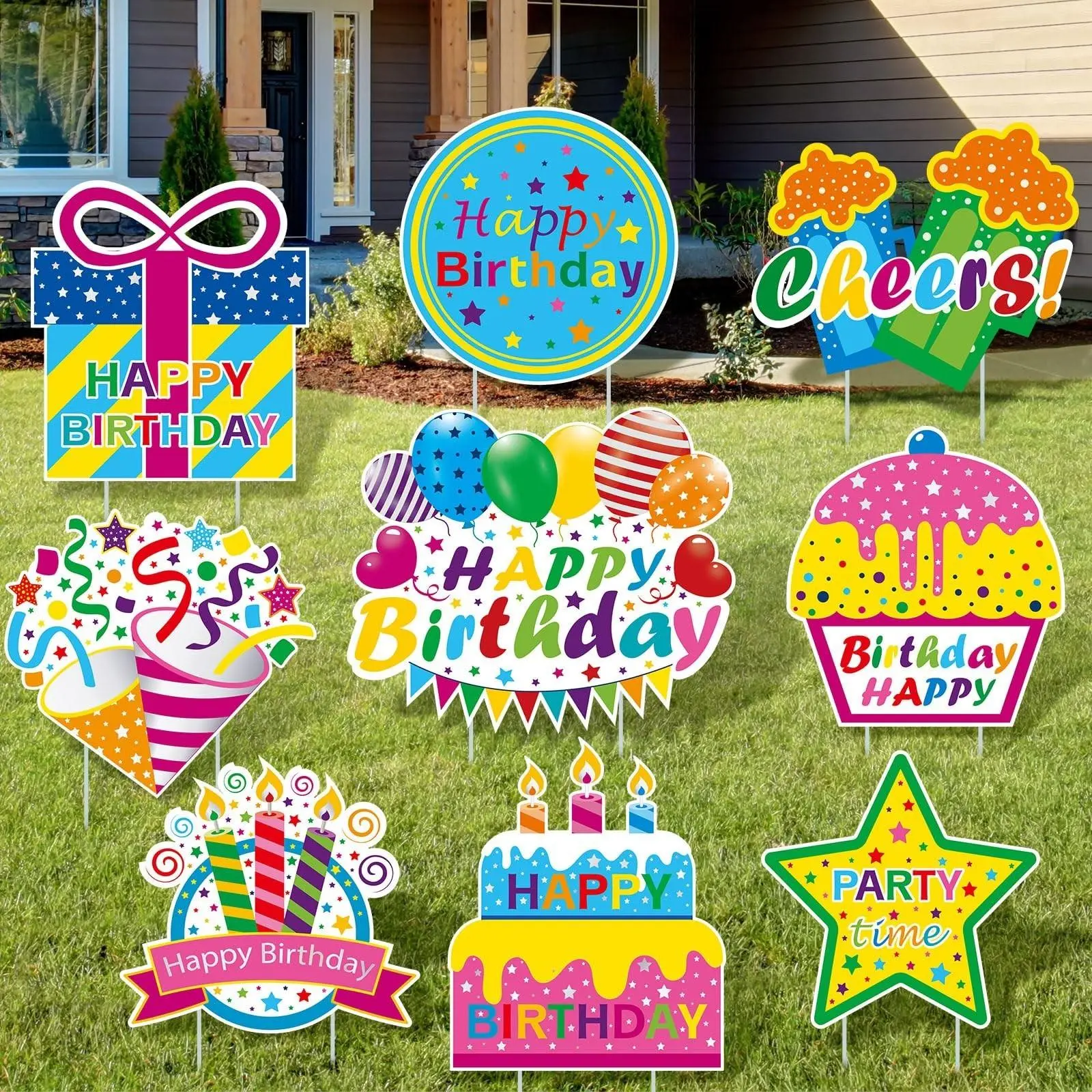 Colorful 9 Pcs Happy Birthday Yard Signs with Stakes, Waterproof Outdoor Lawn Decorations with Balloons, Cake, Gift Boxes, Perfect for Party Supplies and Garden Celebrations