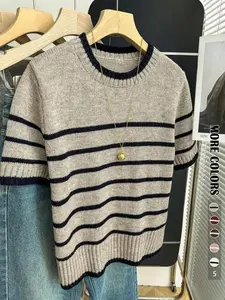 Spring Summer Women's Simple Striped Short Sleeve Round Neck Pullover, Fashion Casual Loose Fit Knit Top, Versatile Knitted Sweater for Ladies Womenswear Knitwear