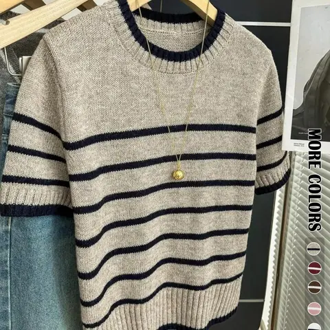 Spring/Summer Women's Simple Striped Short Sleeve Round Neck Pullover, Fashion Casual Loose Fit Knit Top, Versatile Knitted Sweater for Ladies, Knitwear, Casual Pullover Jumper