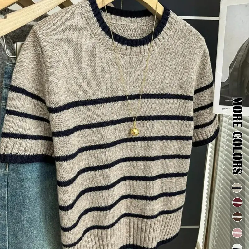 Spring/Summer Women's Simple Striped Short Sleeve Round Neck Pullover, Fashion Casual Loose Fit Knit Top, Versatile Knitted Sweater for Ladies, Knitwear, Casual Pullover Jumper