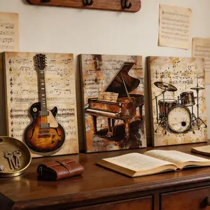 3Pcs/Set Vintage Guitar, Piano & Drums 3-Piece Canvas Wall Art Set, Retro Music Notes Prints, Rustic Decor for Music Room, Studio & Living Room, 12X16in Framed