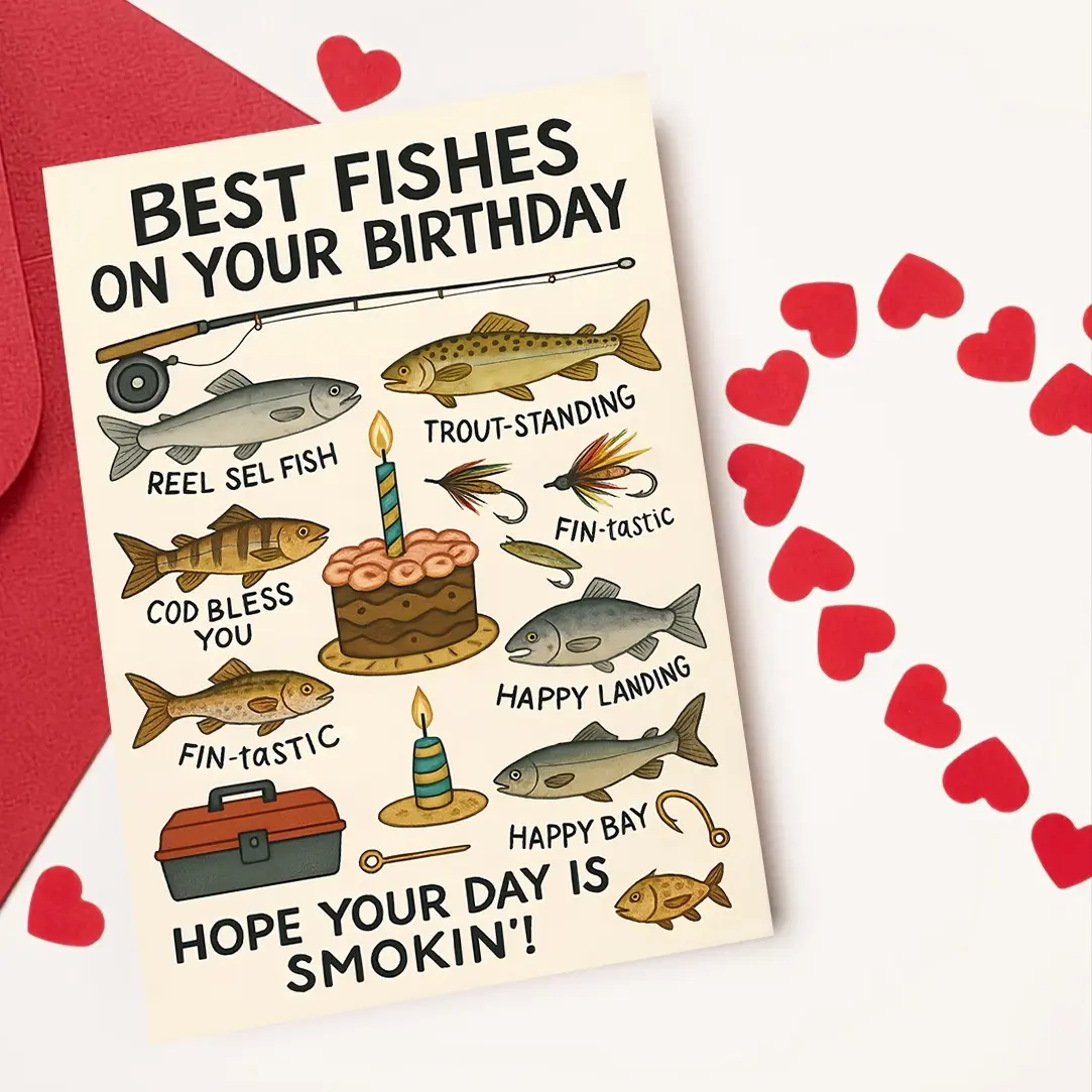 1pc Birthday card for fishing lovers featuring punny fish designs perfect for friends or family who enjoy fishing and outdoor celebrations., Special Occasion Card, Outdoor Party, Whimsical Artwork, Humorous Card