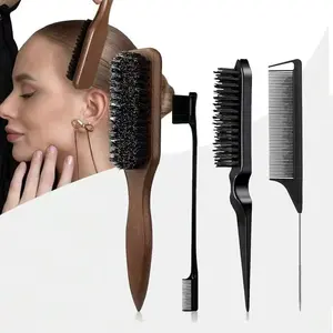 4-Piece Smooth Back Hair Brush Set, Soft-Bristle Beard Brush and Edge Brush for Trimming Hair Edges, Providing Luster for All Hair Types, Straightening Curly Hair and Restoring Shine and Texture, Includes Hair Clip and Styling Comb