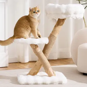 HITTITE Natural Solid Wood Cat Tree Tower with Scratching Post 32 Inches Tall Modern Cat Tower with Cozy Bed and Platforms Luxury Real Branch Cat Tree for Indoor Cats Large Adult