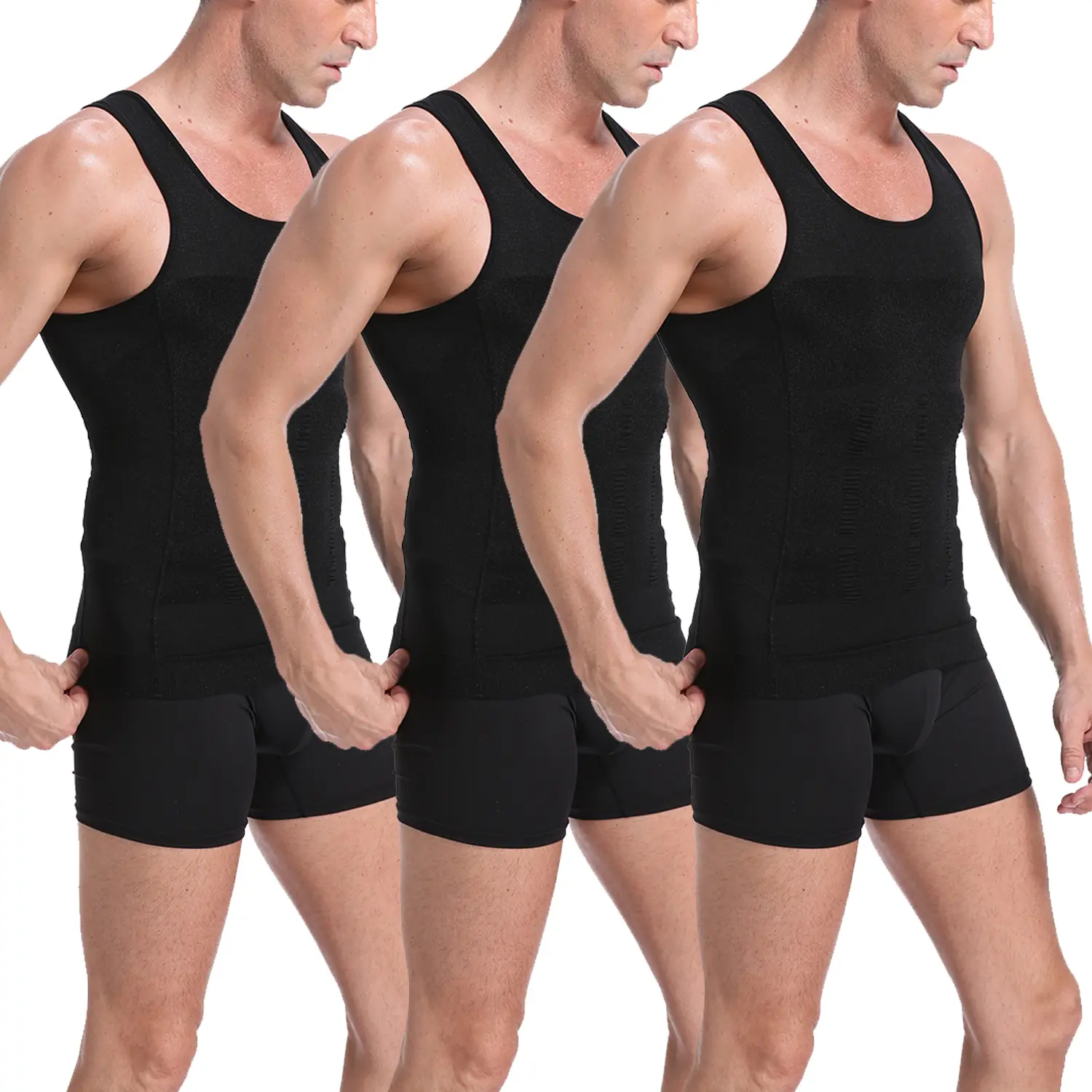 Men's 3-Pack Slimming Compression Shapewear Tank Tops - Waist Trainer Vest, Undershirts, Dress Fabric, Shapewear That Doesn't Show for Workouts