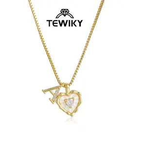 Tewiky Gold Box Chain Scalloped Shell Heart CZ Initial Necklace A–Z Micro Pave Letter Pendant For Valentine's Day gifts