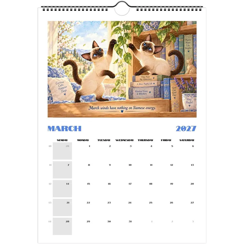 Siamese Cat Calendar 2027, Cute Cartoon Watercolor Wall Calendar ...