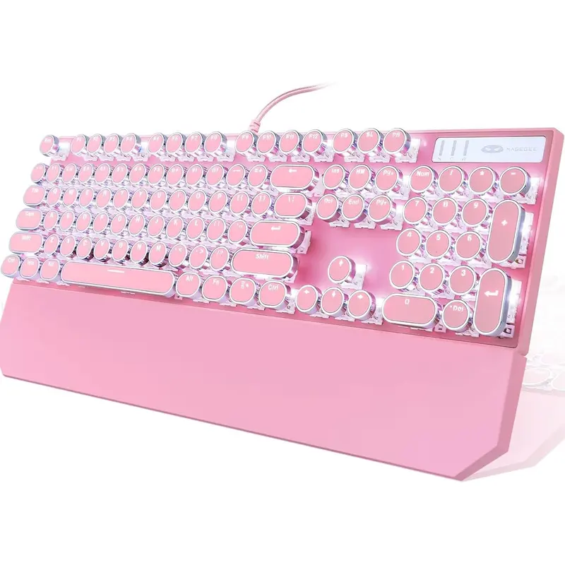 Typewriter Style Mechanical Gaming Keyboard, Pink Retro Punk Gaming Keyboard with White Backlit, 104 Keys Blue Switch Wired Cute Keyboards, round Keycaps for Windows/Mac/Pc Camiysn