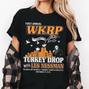 WKRP In Cincinnati T-Shirt, Les Nessman Tshirt, First Annual WKRP Turkey Drop With Les Nessman Shirt, Thanksgiving Gifts,Unisex Crewneck T-shirt for Men And Women